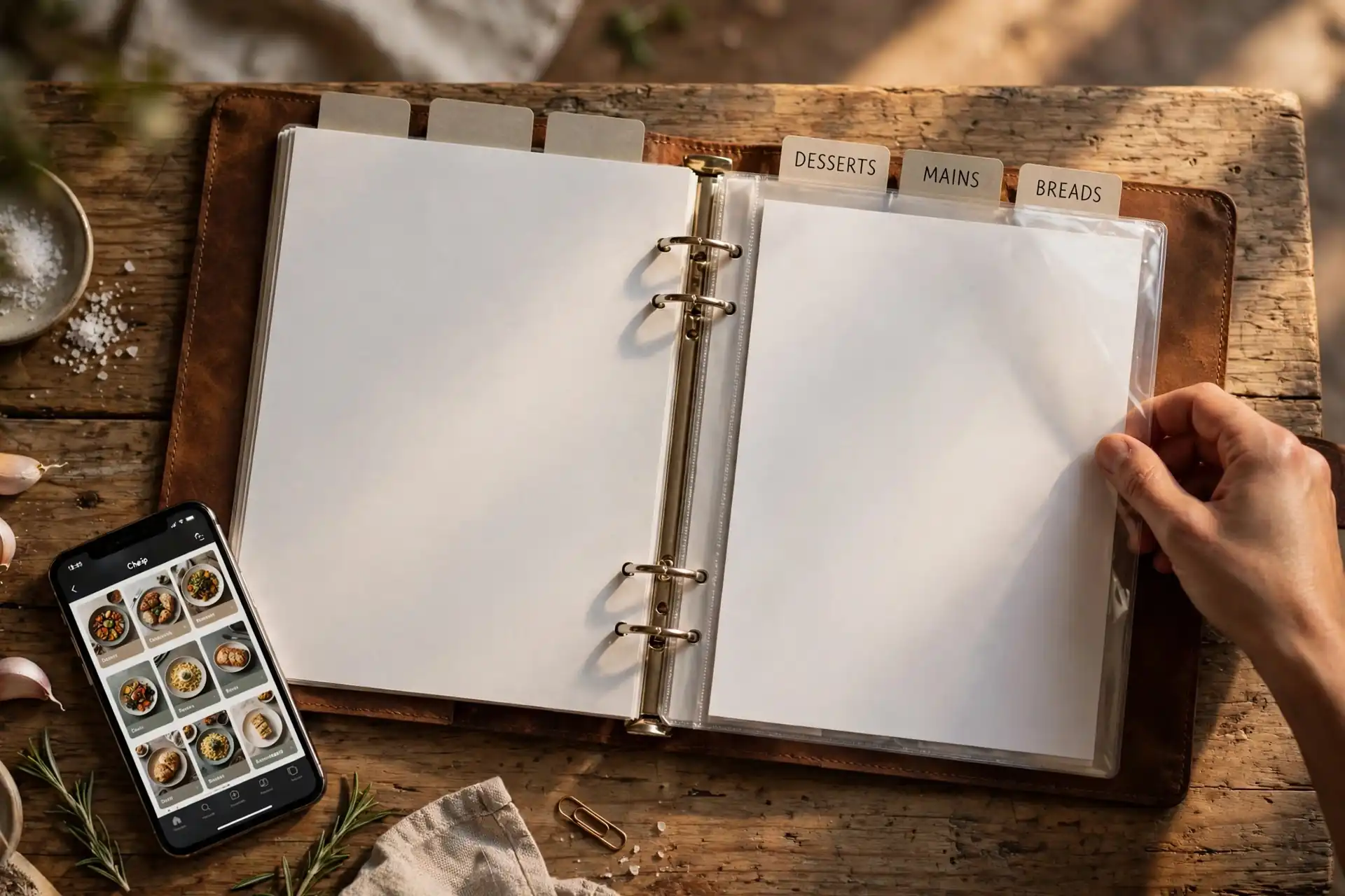 Overhead view of a leather-bound cookbook binder being assembled, with tabbed chapter dividers and a hand sliding a printed recipe page into a clear sleeve.