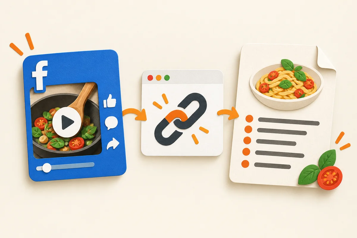 Illustration of a Facebook cooking Reel linked to a written recipe.