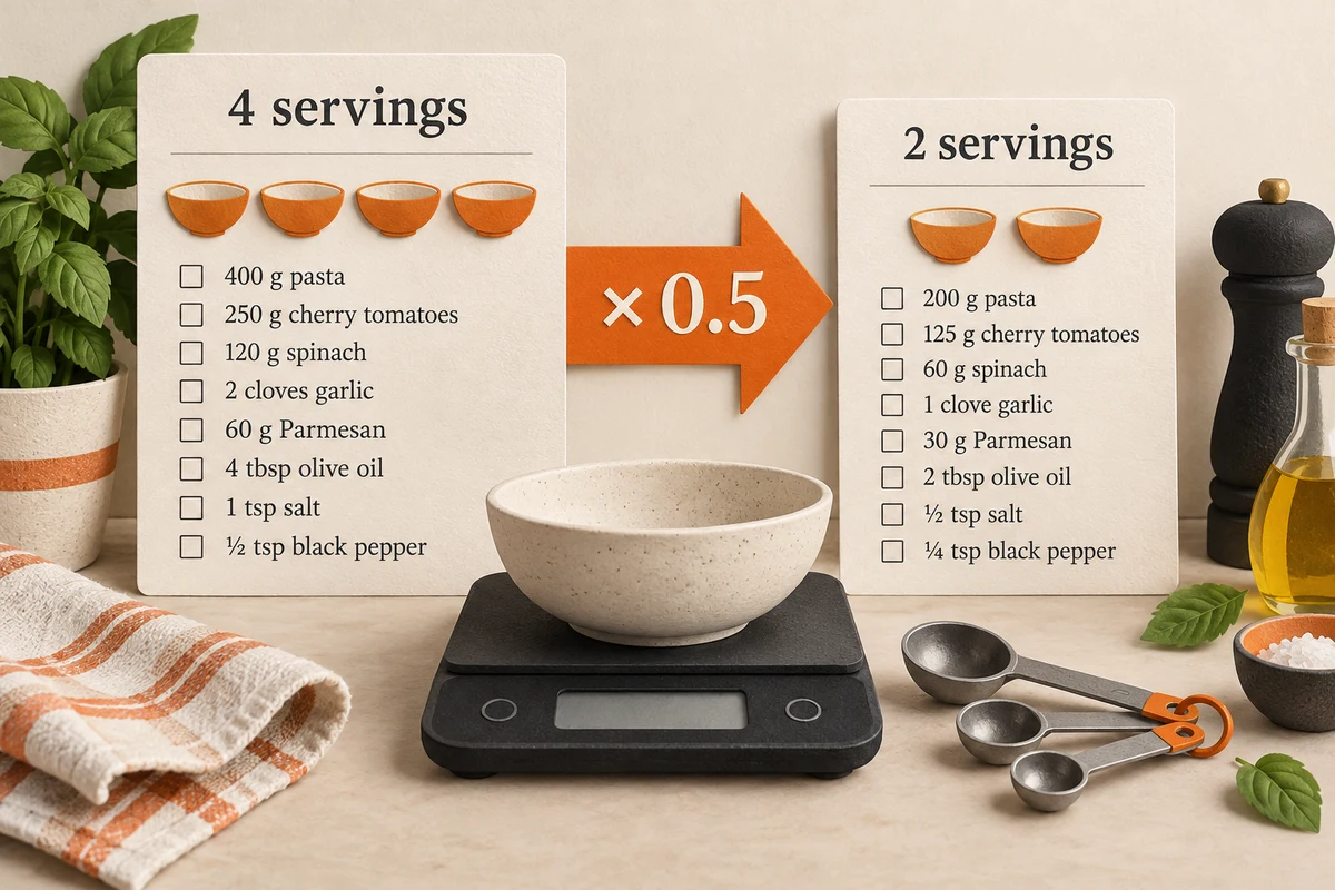 Illustration of recipe quantities halved from four servings to two.