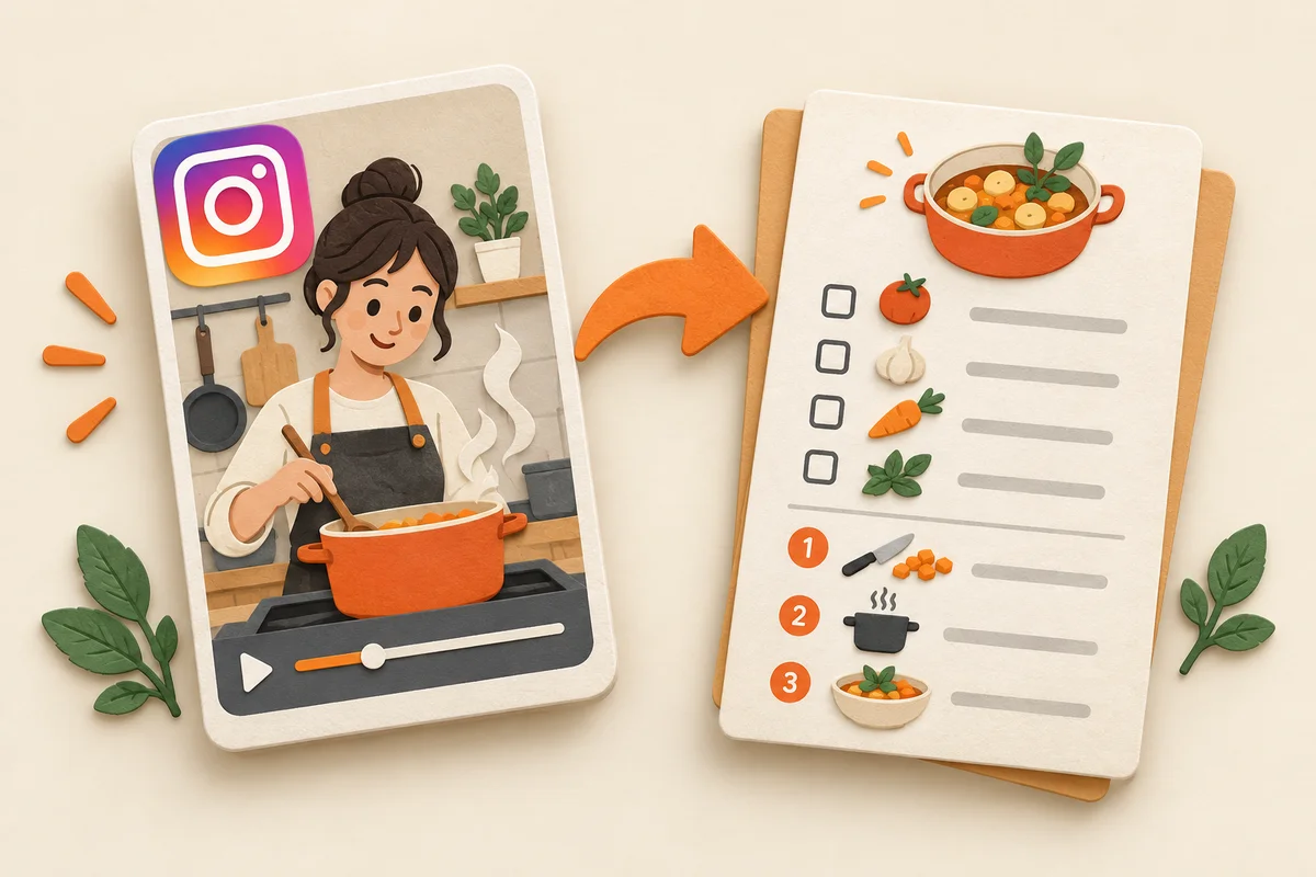 Illustration of an Instagram cooking Reel becoming ingredients and recipe steps.