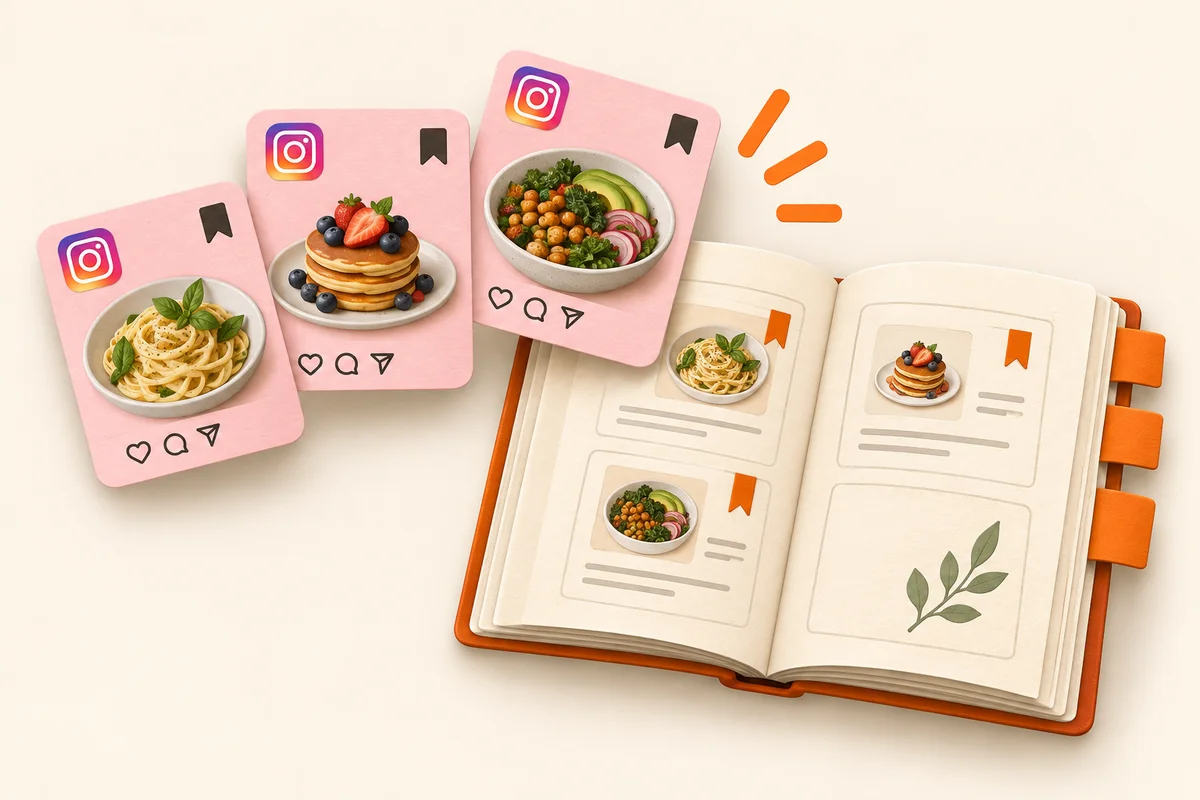 Illustration of bookmarked Instagram recipes collected in an open cookbook.