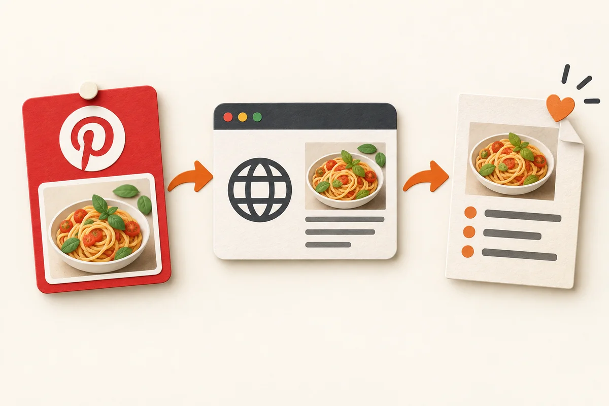 Illustration of a Pinterest Pin leading to its original recipe website and then a saved recipe.