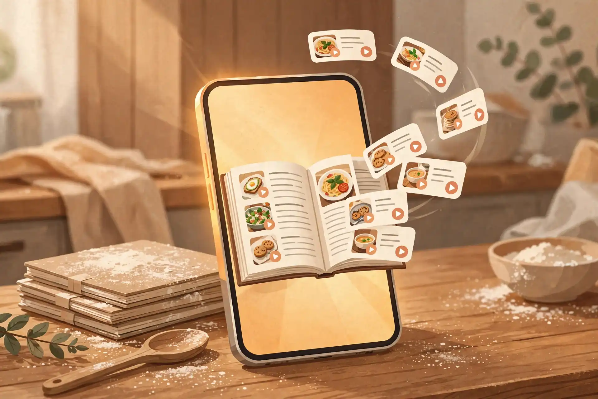 Illustration of a digital cookbook on a phone screen, with scattered saved recipe links floating in and assembling into cookbook pages.