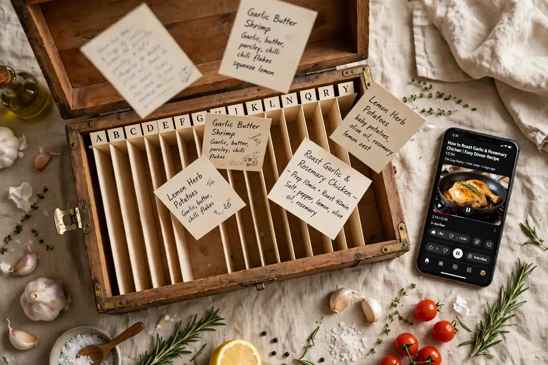 An open wooden recipe box with alphabet index cards, handwritten recipe cards being filed into the slots, and a phone showing a cooking video beside it.