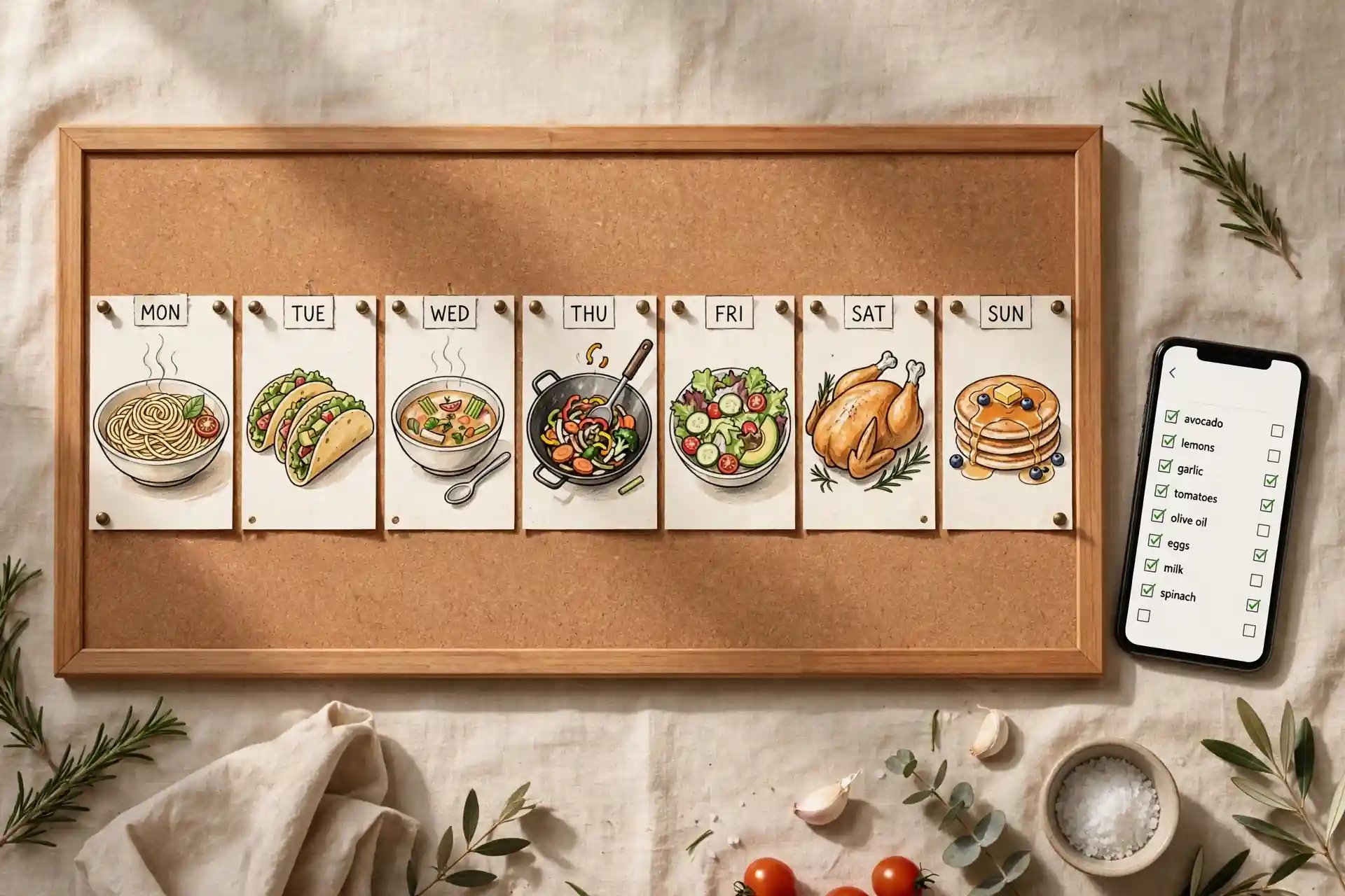 Illustration of a weekly meal plan board with recipe cards for each day and a phone showing a grocery list.