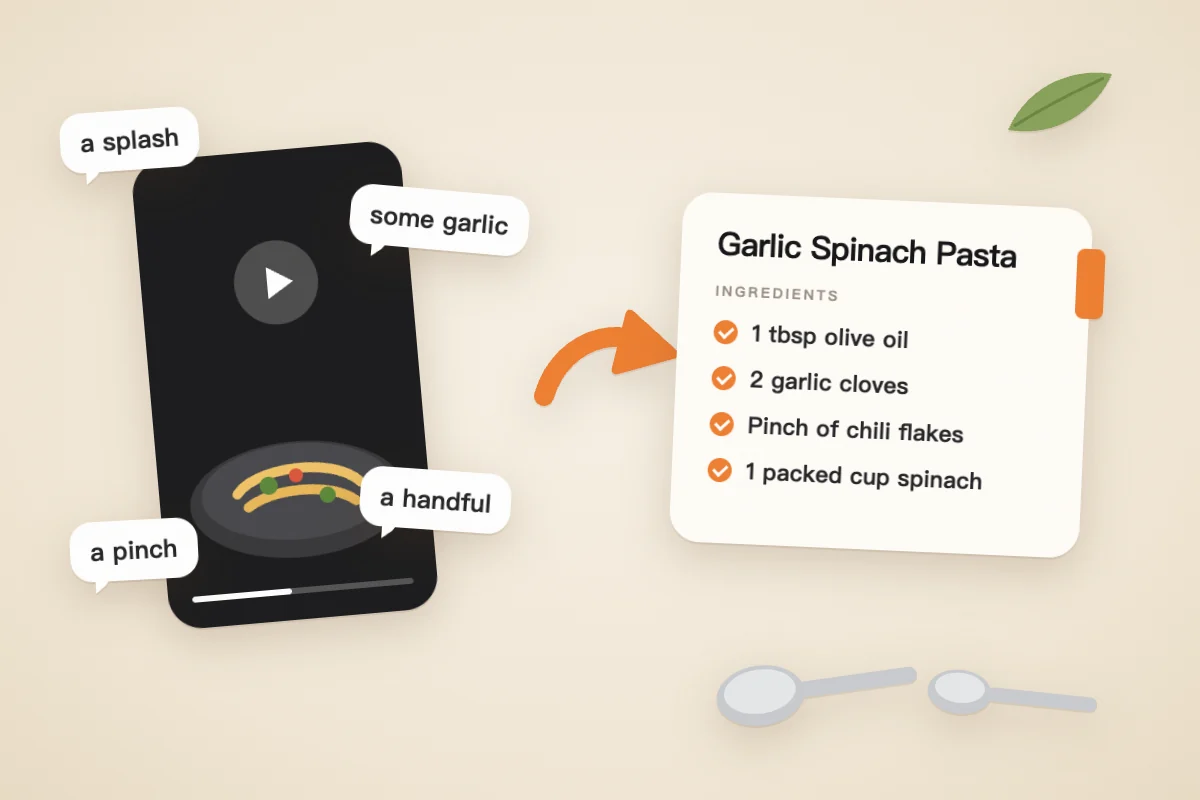 Illustration of a cooking video card with speech bubbles saying a splash, some garlic, a pinch and a handful, and an arrow to a recipe card listing 1 tbsp olive oil, 2 garlic cloves, a pinch of chili flakes and 1 packed cup spinach.