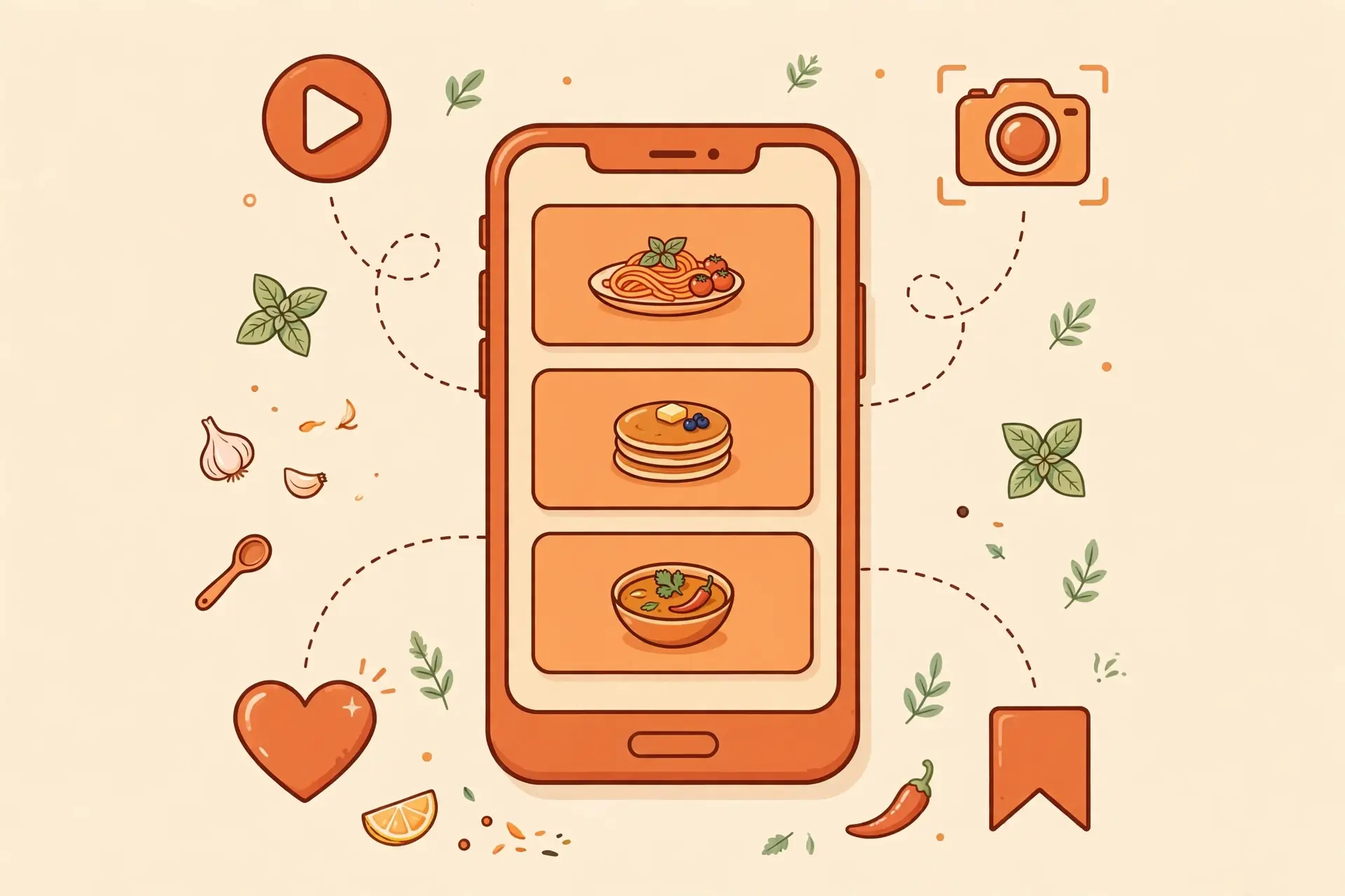 Illustration of a phone collecting saved recipes from videos, screenshots and bookmarks into one cookbook.
