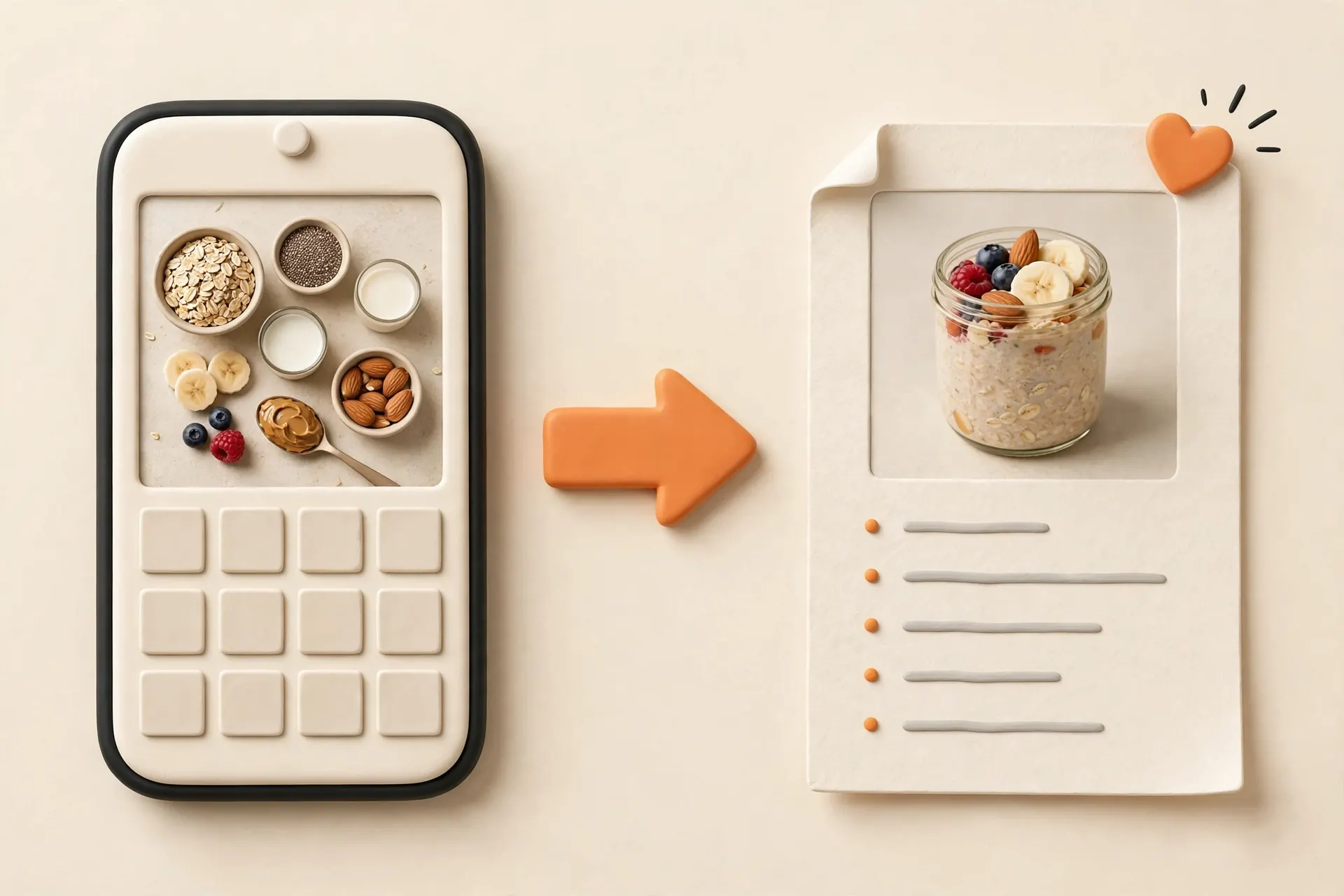 Illustration of a phone screenshot becoming a written recipe.