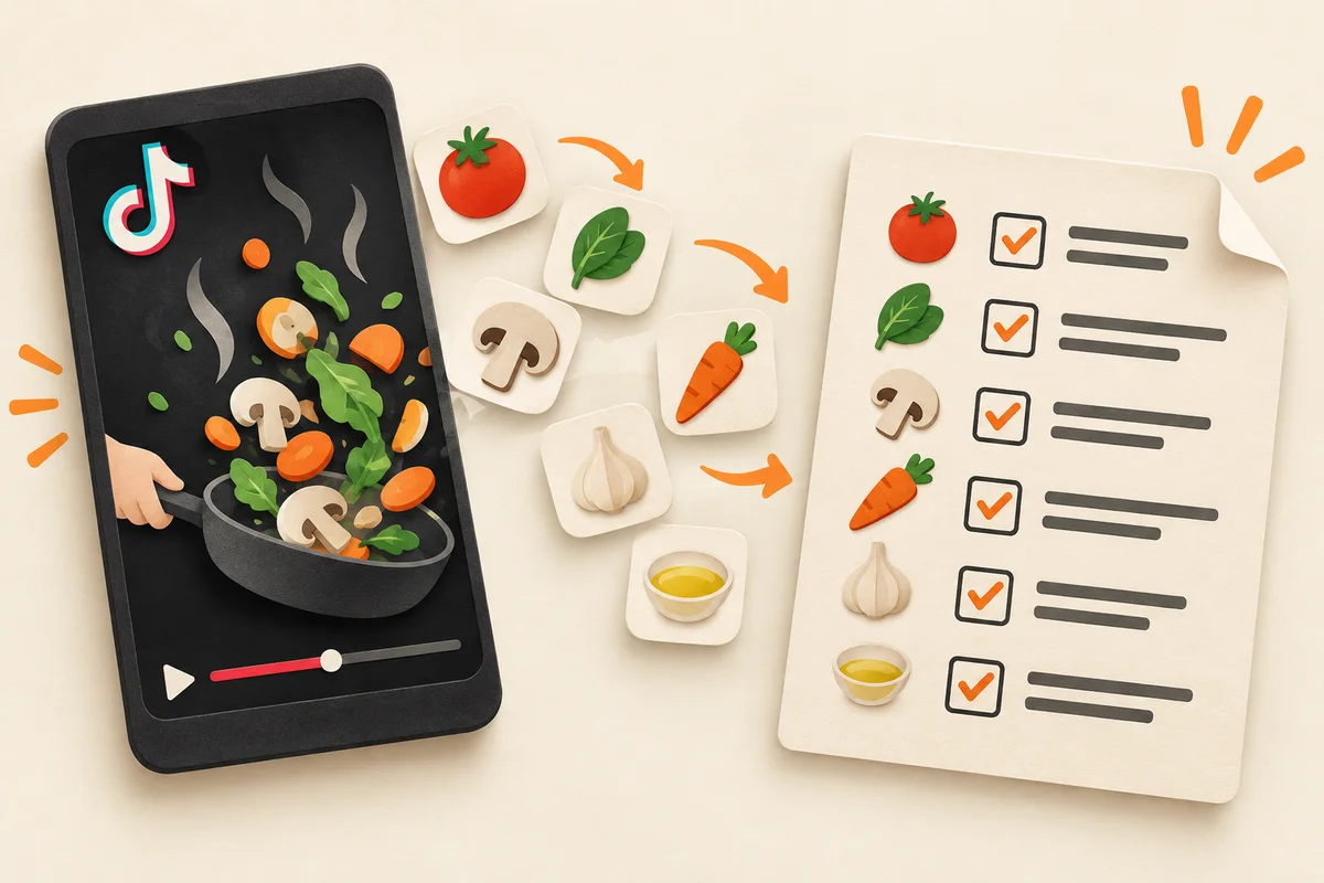 Illustration of ingredients from a TikTok cooking video organized into a recipe checklist.