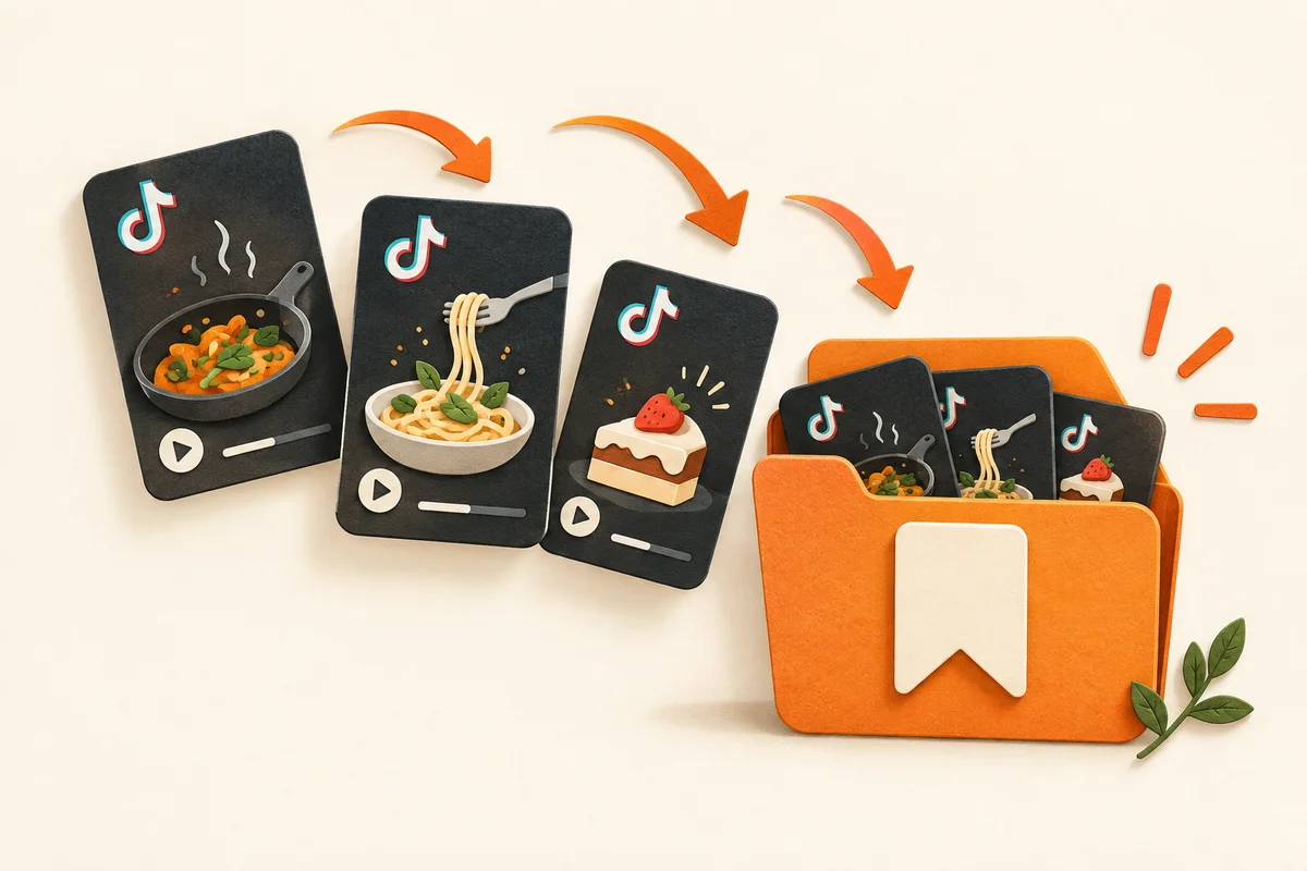 Illustration of TikTok cooking videos gathered into a bookmarked recipe folder.
