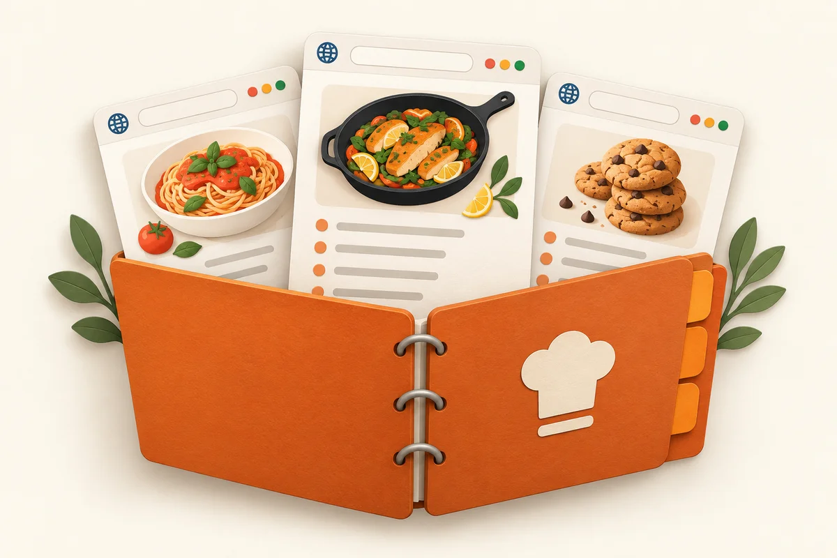 Illustration of recipe website pages collected in an orange recipe binder.