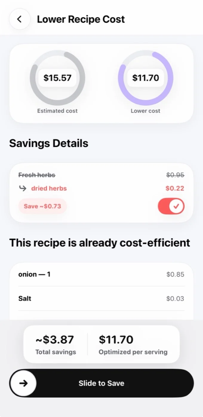 Hireci recipe cost estimate