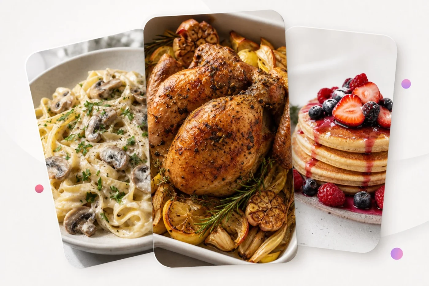 A pasta dish, roast chicken, and berry pancakes shown as recipe cards