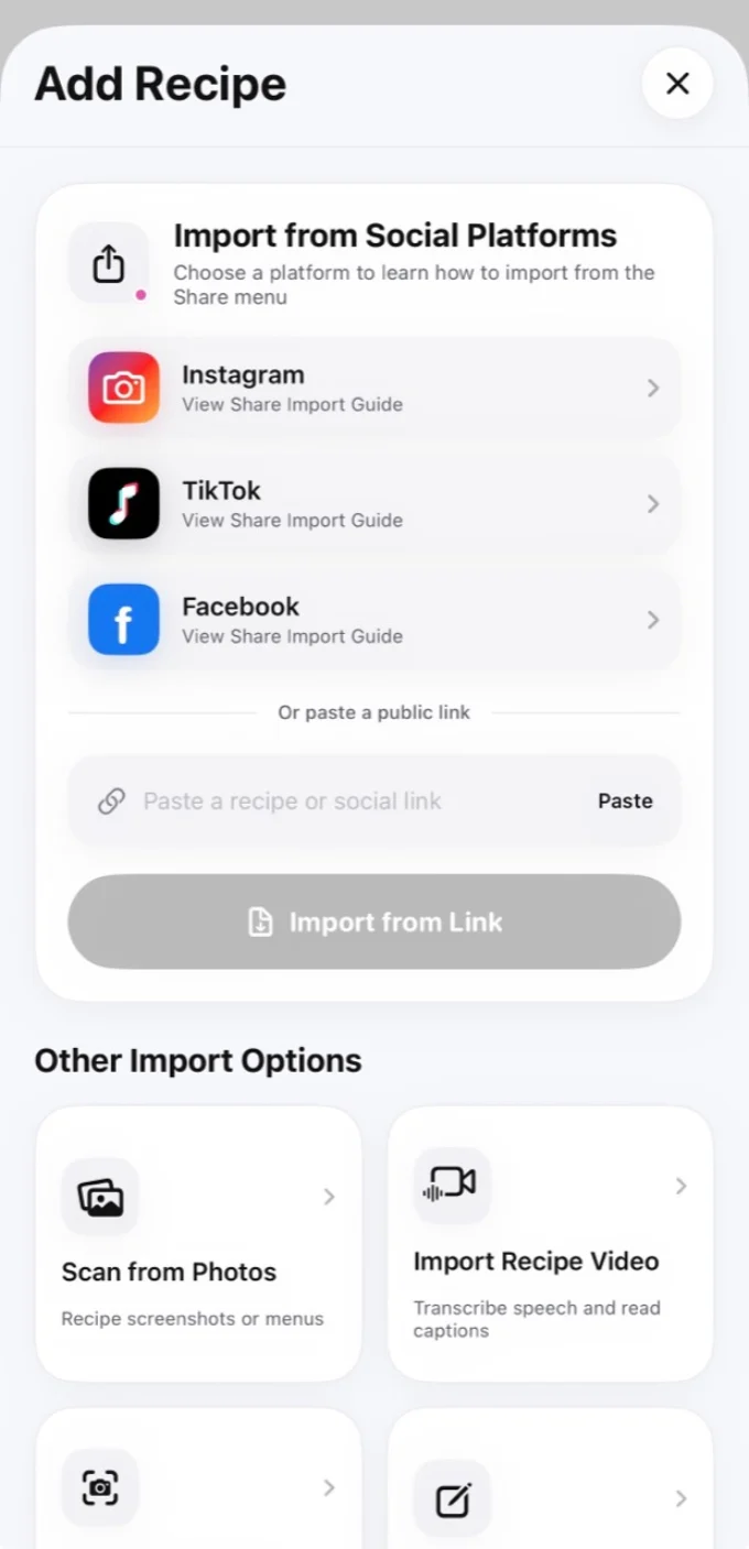 Hireci import screen showing Instagram, TikTok, and Facebook options