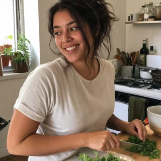 Sofia preparing food in her kitchen