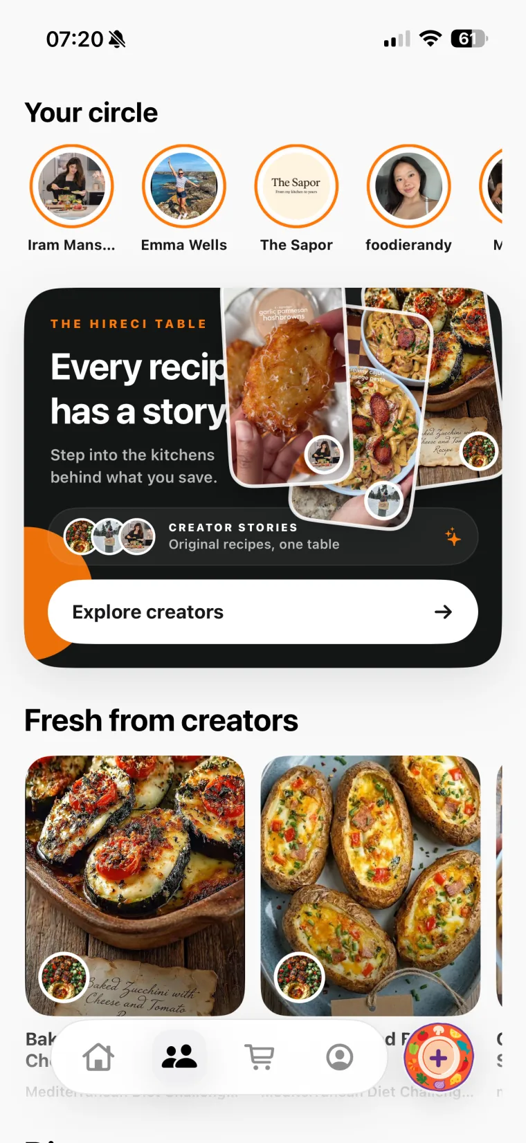 Hireci creator community feed with recipe photography