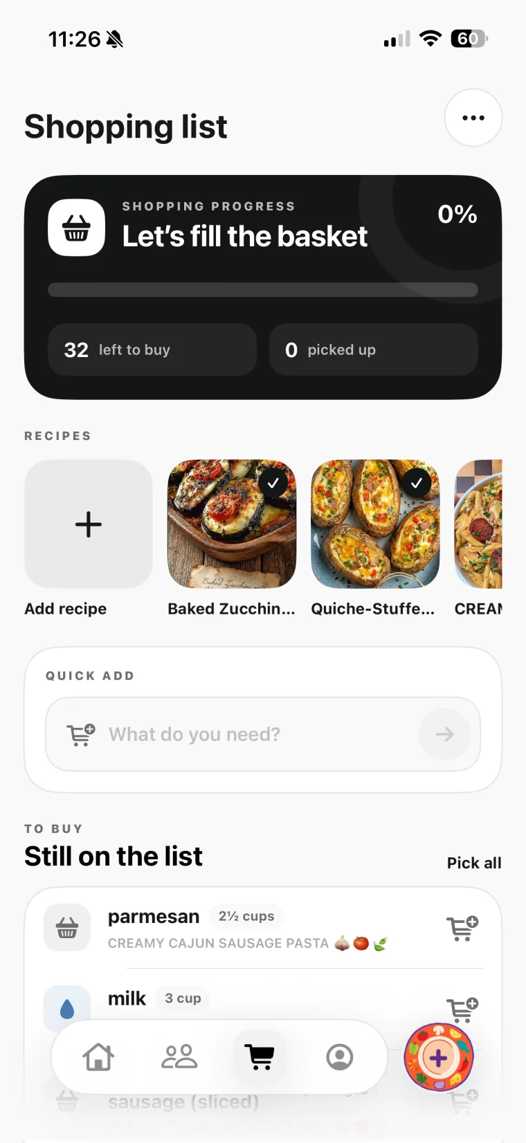 Hireci shopping list with recipe ingredients and progress
