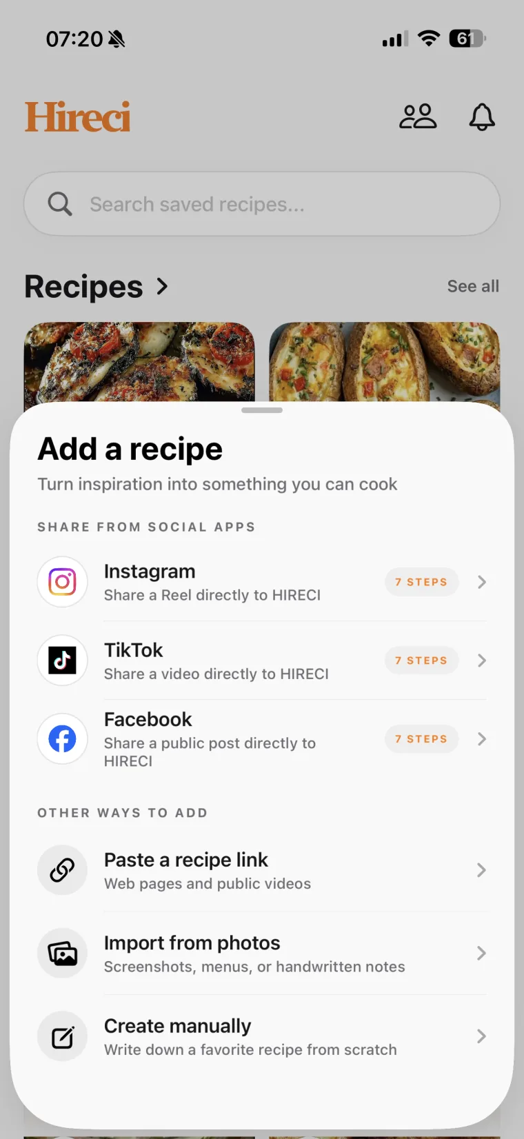 Hireci Add a recipe screen with social, link, photo and manual import options