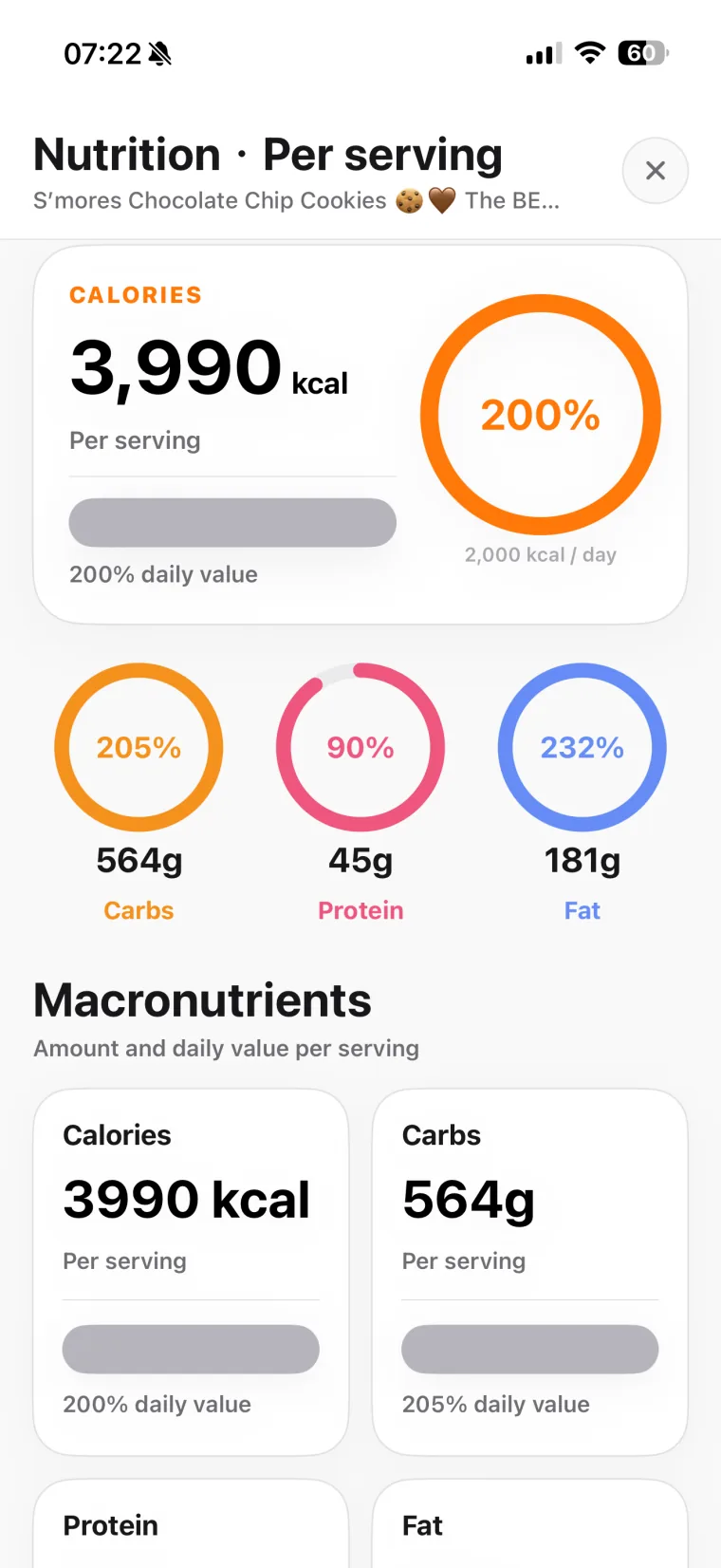 Hireci nutrition dashboard with calorie and macro information