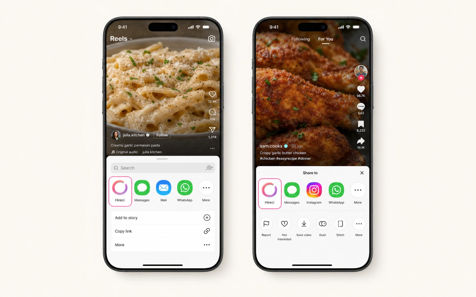 Realistic Instagram and TikTok share screens with the Hireci app selected